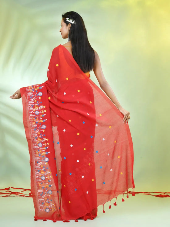 All Over Thread Floral Embroidery Red Cotton Saree-MA62CT33610078