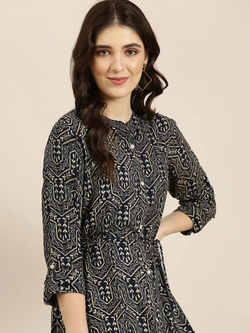 Women Navy Blue Geometrical A-Line Kurta-RJF-014-Navyblue