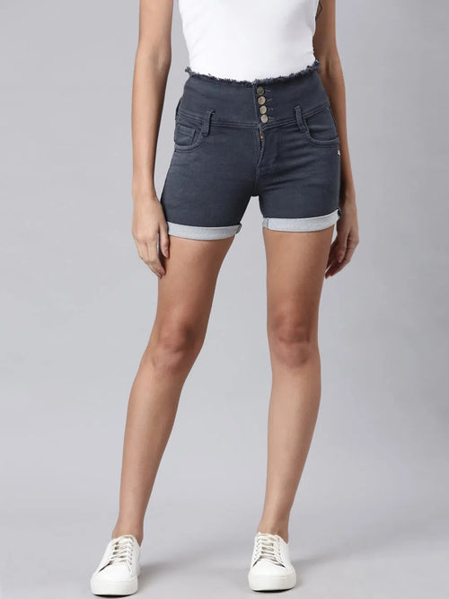 Women Grey Solid Denim Shorts-LT-S-102230-Grey