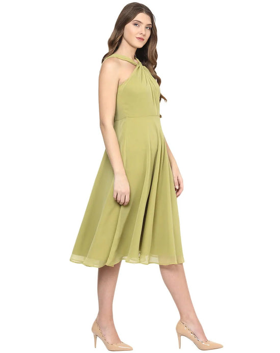 Green Coloured Solid Skater Dress in Olive Green