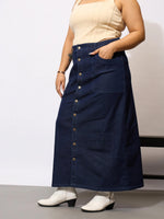 Women Navy Denim Acid Wash Front Button Skirt