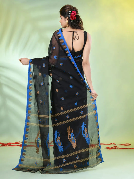 Black Cotton Saree With Temple Borders-MA66CT43830050