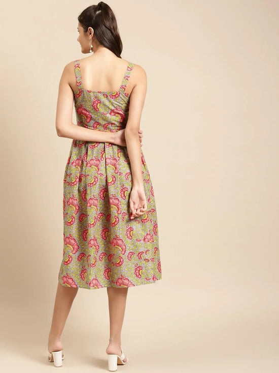 Strappy Box pleate Midi dress with front buttons in Grey Floral Print