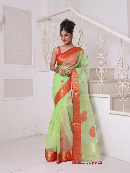 Light Green Muslin Saree With Zari Woven Nakshi Borders-MA62MS331980031