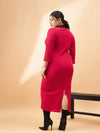 Women Red Rib Contrast Collar Midi Dress