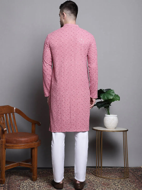 Sequin Embroidered Pure Cotton Kurta with Pyjamas-JOKP-P-5006Coral