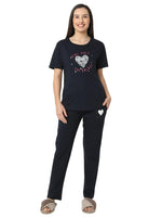 Smarty Pants Women's Cotton Lycra Navy Blue Color Heart Print Night Suit