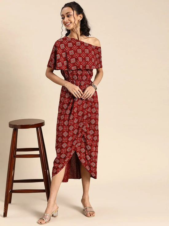 Cold shoulder Asymmetric overlap Dress in Maroon Print