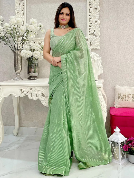 Saree Mall Women's Georgette Light Green Embellished Designer Saree With Blouse Piece-KESARI7209