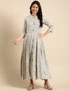 Women's Cream Printed Anarkali Kurta-AT-A-412-Creamnavyblue