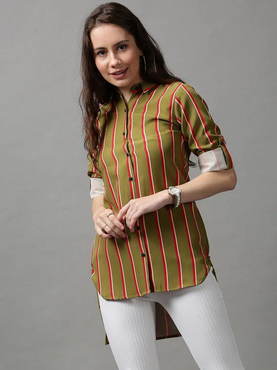 Women's Green Striped Longline Shirt-AE-10420-Olive