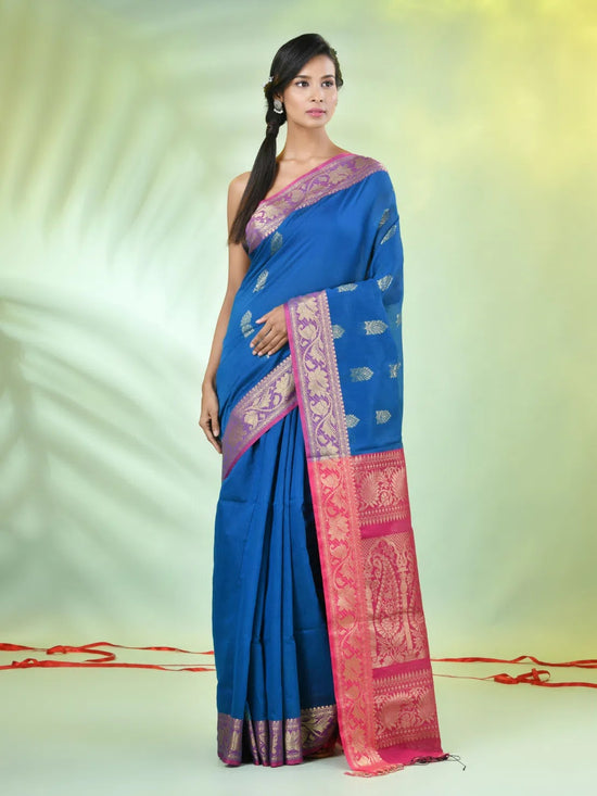 Sapphire Blue Cotton Saree With Nakshi Zari Borders-MA66BCT431050025