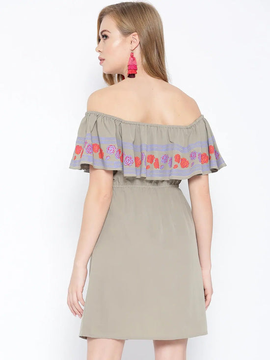 Off shoulder mini dress with print on the frill in Taupe Color