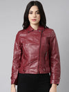 Women Solid Maroon Biker Jacket-8909-Maroon