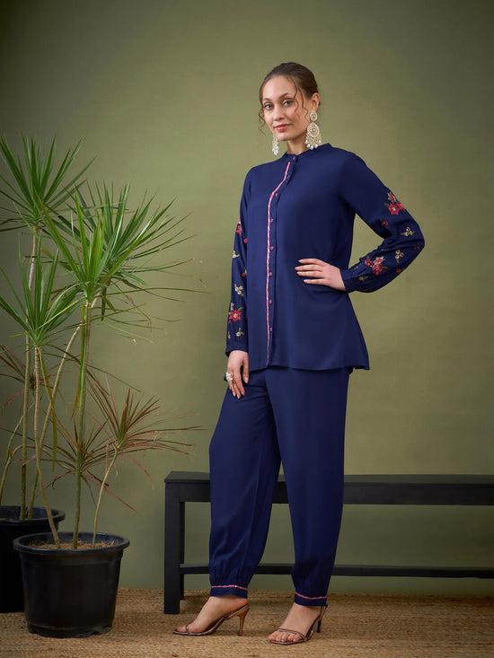 Women Royal Blue Sleeve Embroidered Shirt With Cuff Pants