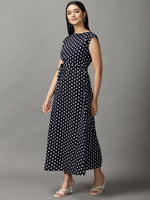 Women's Blue Polka Dots Fit and Flare Dress-AE-15690-Navyblue