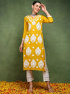 Ahika Women Mustard Viscose Rayon Solid Embroidered Straight Kurta