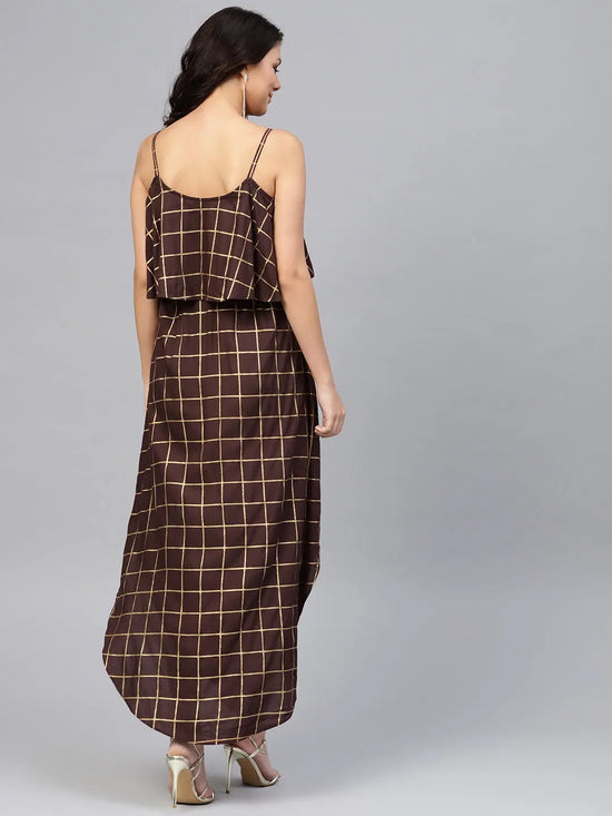 Printed Flare yoke with U hem long dress in Brown