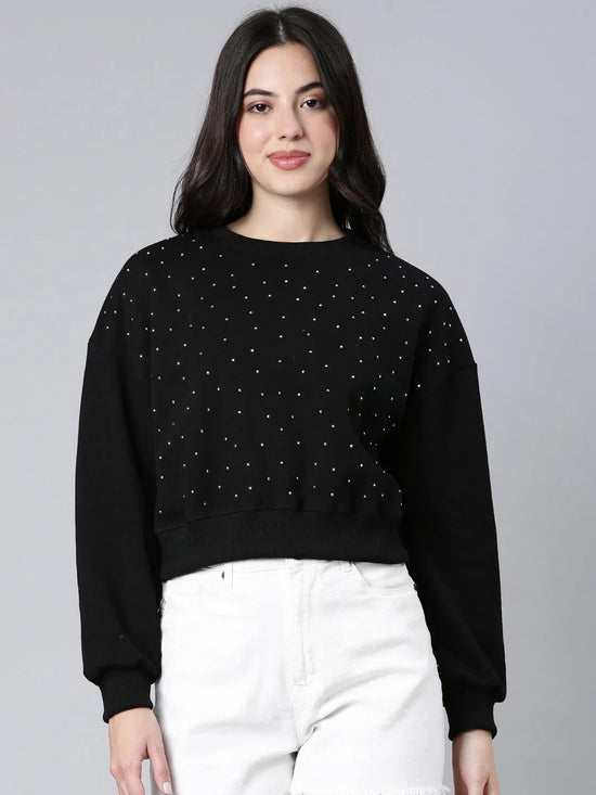 Women Self Design Black Crop Sweatshirt-7004-Black