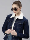 Women Navy Blue Solid Denim Jacket-LT-10538-Navyblue