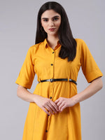 Women Yellow Solid Shirt Dress-DF-1439-Yellow