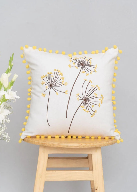 Dancing Dandelion embroidered cotton cushion cover with tassels for sofa - Yellow-230454018