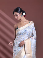 Ecru Floral Print Silk Soft Saree With Zari Border-MA60BSL01770005