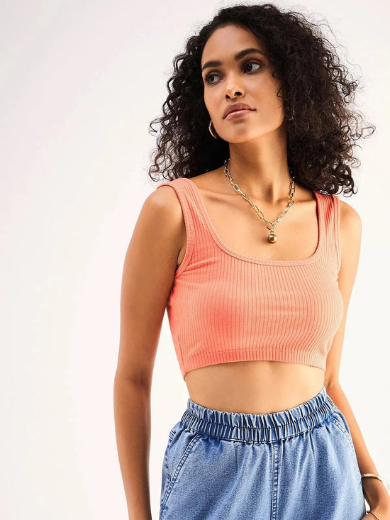 Women Peach Rib Square Neck Cropped Tank Top