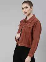 Women Rust Solid Denim Jacket-GZ-5598-Rust