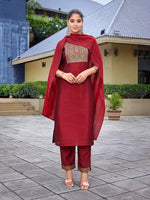 Navyaa Women's Silk Blend Solid Straight Kurta Pant With Dupatta-Me146-vg-red