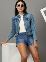 Women's Blue Solid Denim Jacket-GZ-5499-Blue