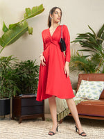 Women Red Front Twisted Midi Dress