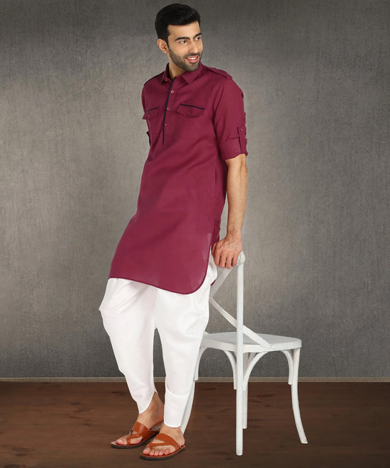 Hangup Men Standard Solid Men's Indian Wear-Mrn_Piping_Pathani2Kurta