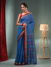 Sapphire Blue Silk Linen Handwoven Saree With Temple Border-MA50SLN061100094