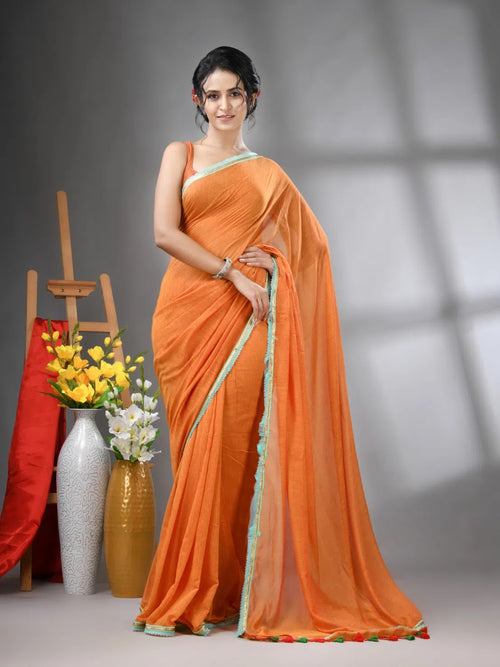 Orange Mul Cotton Soft Saree With Gota Patti Borders-MA62MCT33880010