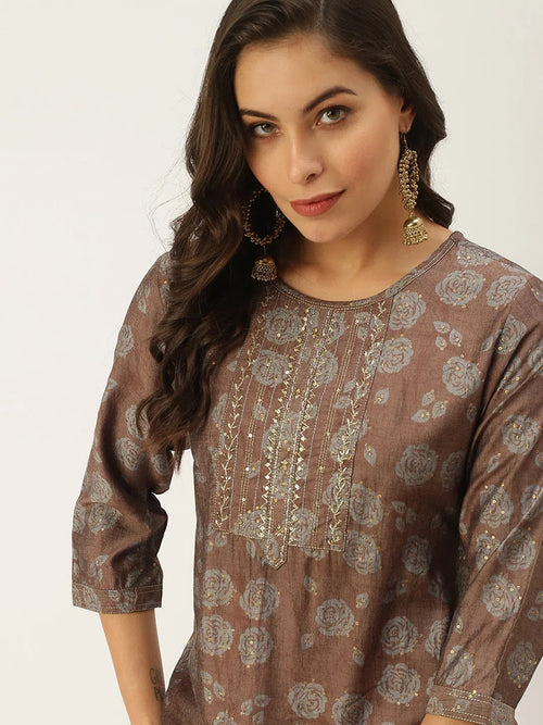 Women's Brown Embellished Straight Kurtas-HO-1448-Brown