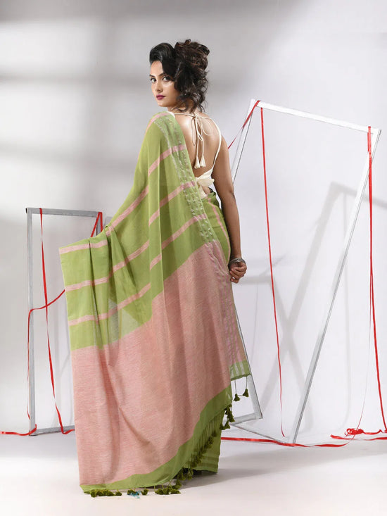 Green Cotton Saree With Stripes Design-MA55CT06530016