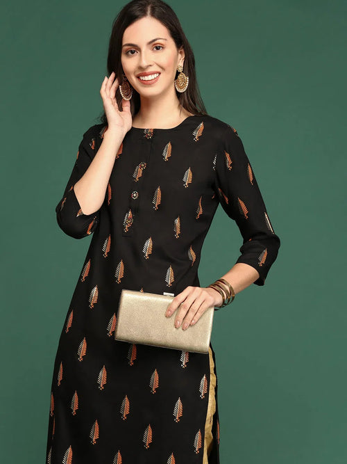 Women Black Floral Straight Kurta-GW-4196-Black