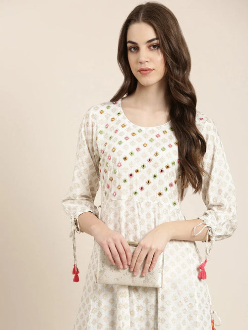 Women White Geometrical Anarkali Kurta-AT-A521-LG-White