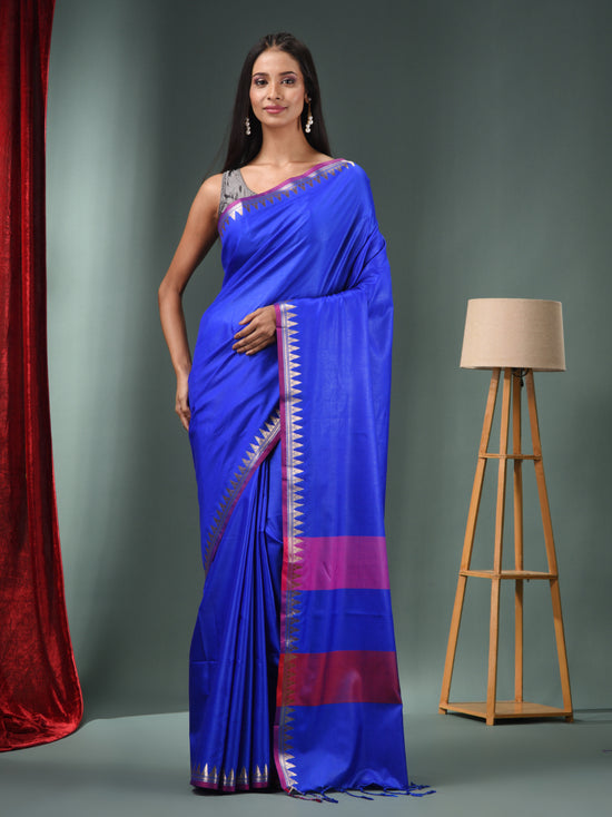 Blue Blended Silk Handwoven Saree With Temple Zari Border-MA50BSL01660145