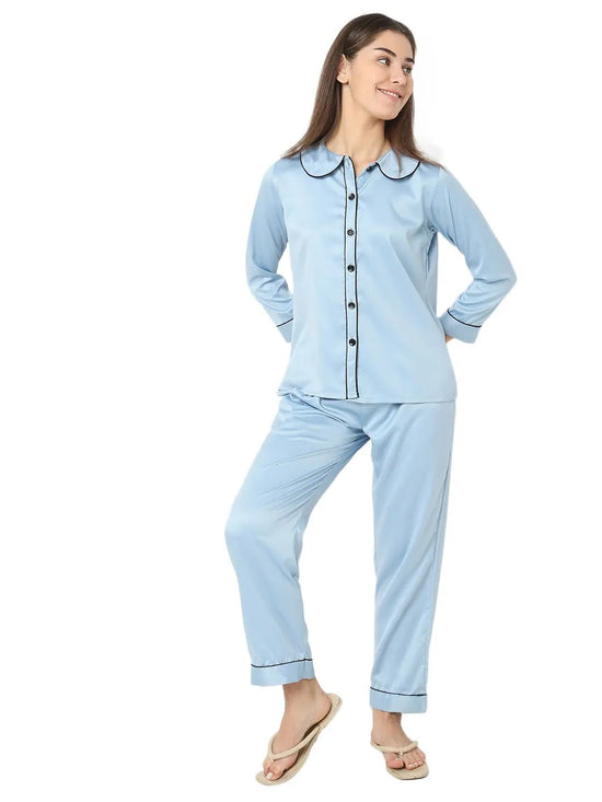 Smarty Pants Women's Silk Satin Ice Blue Color Night Suit