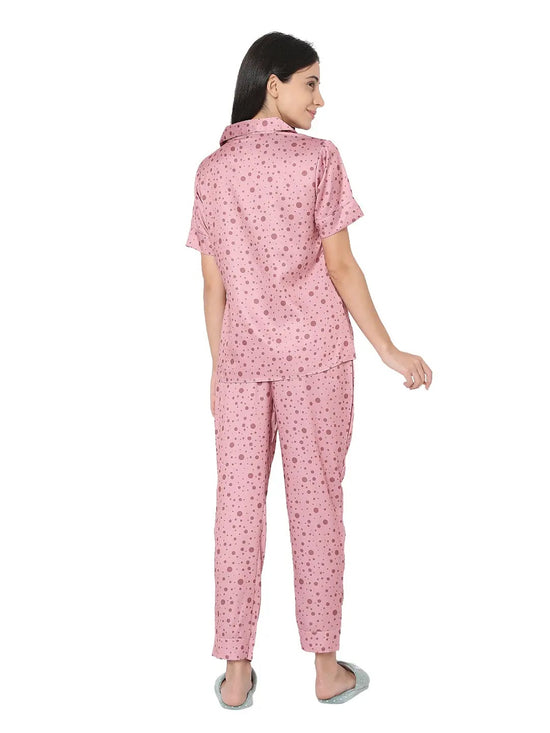 Smarty Pants Women's Silk Satin Mauve Pink Color Polka Dot Night Suit