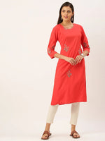 Women's Red Solid Straight Kurta-DF-1208-Red