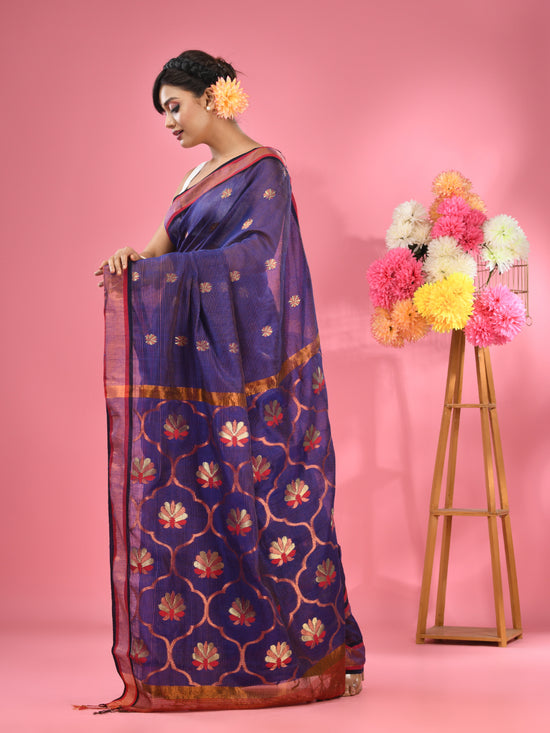 Blue Cotton Blend Handwoven Saree With Floral Motifs-MA51BCT431600003