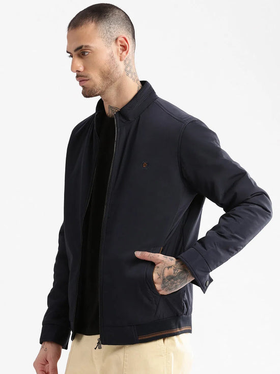 Men Mock Collar Navy Blue Solid Bomber Jacket-ZD-3406-Navyblue