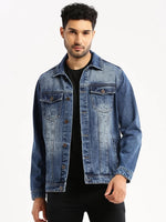 Men Blue Spread Collar Solid Denim Jacket-IB-DJ-04-5-Blue