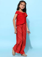 Tales & Stories Girls Red Rayon Striped Top With Palazzo