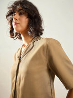 Women Khaki Notch Collar Shirt With Paperback Waist Pants