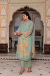 Vaasva Women Teal Green Tabby Slik Print & Embroidered Kurta, Pant & Dupatta set