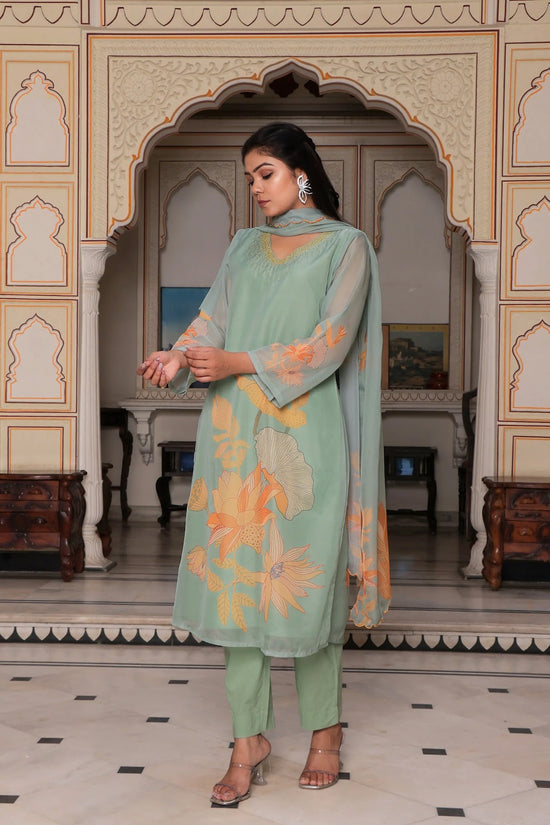 Vaasva Women Teal Green Tabby Slik Print & Embroidered Kurta, Pant & Dupatta set